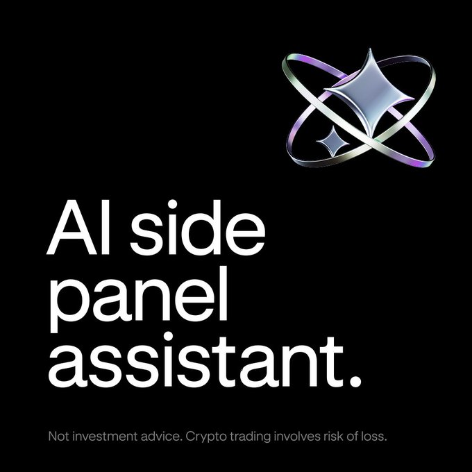 The image shows a sleek black graphic featuring a metallic, iridescent atom/star logo at the top right, with the bold white text "AI side panel assistant." below, and a disclaimer at the bottom reading "Not investment advice. Crypto trading involves risk of loss."

The visual serves as a promotional banner for Kraken's new AI Sidepanel Assistant, with the tagline-style text emphasizing the tool's core purpose while the disclaimer reinforces that it's an analytical aid, not financial advice—aligning with the post's description of it as a live, in-platform assistant that interprets charts, indicators, and structure to help users build actionable trading theses within Kraken Pro.