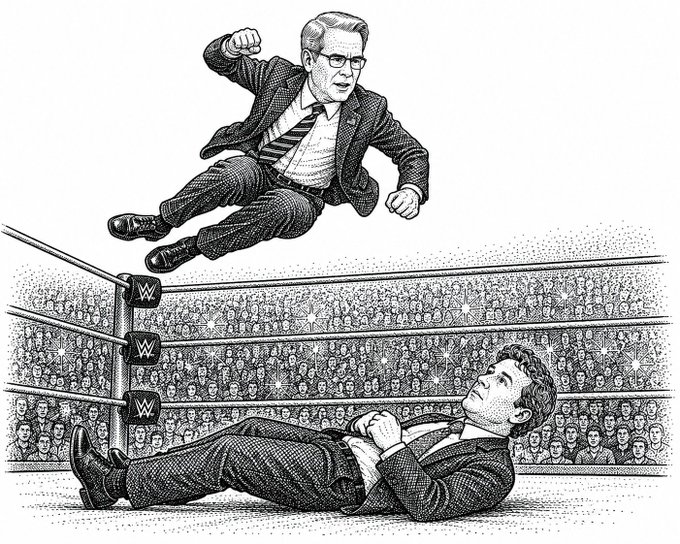 Black and white political cartoon depicting one man in a suit diving from the top rope of a wrestling ring (marked with 'W' logos) onto another man in a suit lying on the mat, with a crowd of spectators in the background.