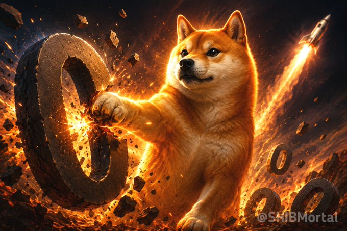 A fiery Shiba Inu dog punches through a stone ring amid explosions and a rocket launch, with a "@SHIBMortal" watermark visible.