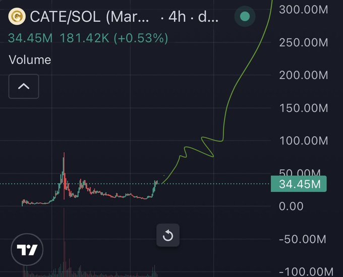 The image shows a TradingView chart of CATE/SOL with a current price of 34.45M (up 0.53%) and a dramatic volume spike highlighted in green, illustrating the token's recent explosive growth and accumulation phase. The post references CATE's birth, dip, and accumulation as a perfect "crypto money" story, with the chart's volume surge visually representing that upward momentum.