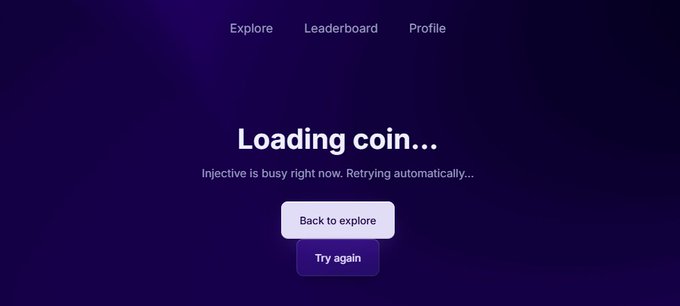 Purple loading screen displaying 'Loading coin...' with the message 'Injective is busy right now. Retrying automatically...' and buttons to 'Back to explore' or 'Try again'.