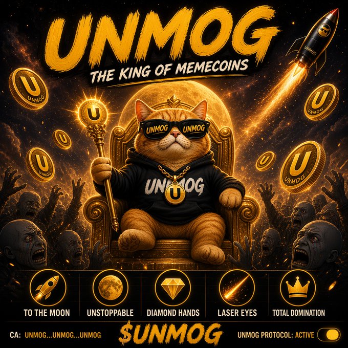 A dramatic promotional image for 'UNMOG' labeled 'THE KING OF MEMECOINS', depicting a chubby orange cat wearing sunglasses and a gold chain sitting on a throne holding a scepter, surrounded by gold coins and reaching zombie-like hands, with features listed as 'TO THE MOON', 'UNSTOPPABLE', 'DIAMOND HANDS', 'LASER EYES', and 'TOTAL DOMINATION'.