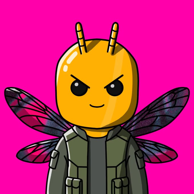 Illustration of an angry yellow bee-like character with black eyes, antennae, and dark translucent wings, wearing an olive green military-style jacket against a bright pink background.