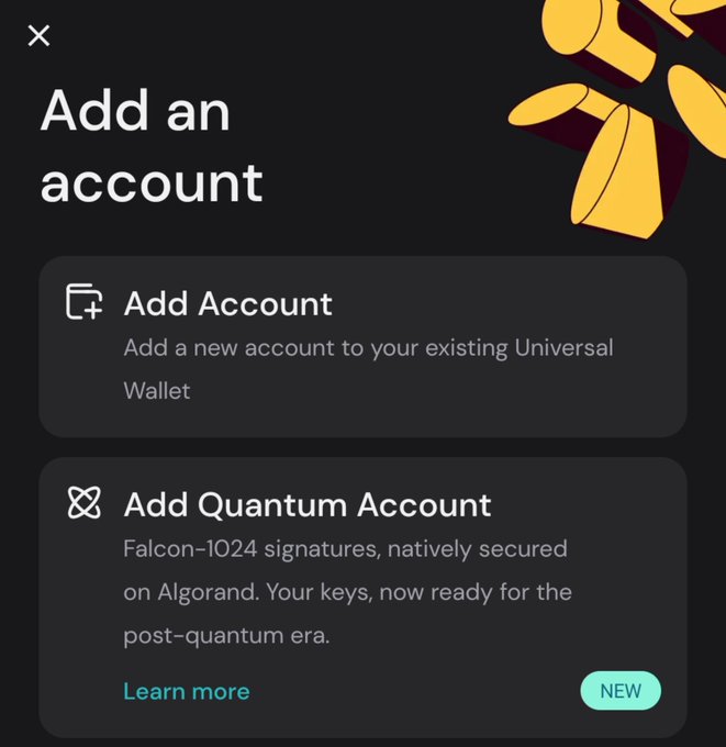 A mobile interface screen titled 'Add an account' with options to 'Add Account' to a Universal Wallet or 'Add Quantum Account' featuring Falcon-1024 signatures on Algorand.