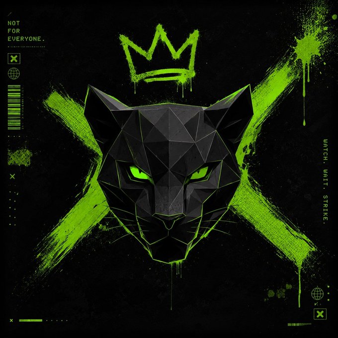 A geometric black panther head with glowing green eyes wearing a graffiti-style green crown, set against a black background with green paint splashes and text reading 'NOT FOR EVERYONE' and 'WATCH. WAIT. STRIKE.'