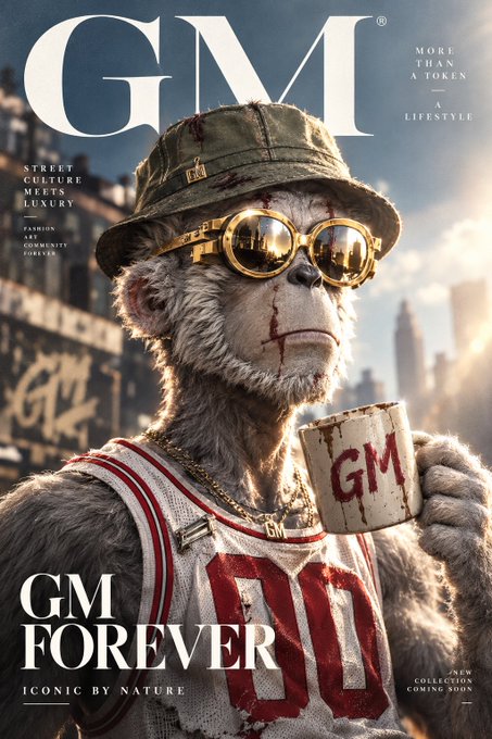 A magazine cover for "GM" featuring a realistic gorilla wearing a bucket hat, gold-rimmed sunglasses, and a jersey, holding a "GM" mug with the headline "GM FOREVER".