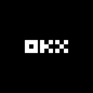 A black square featuring the white pixelated OKX logo, a cryptocurrency exchange.