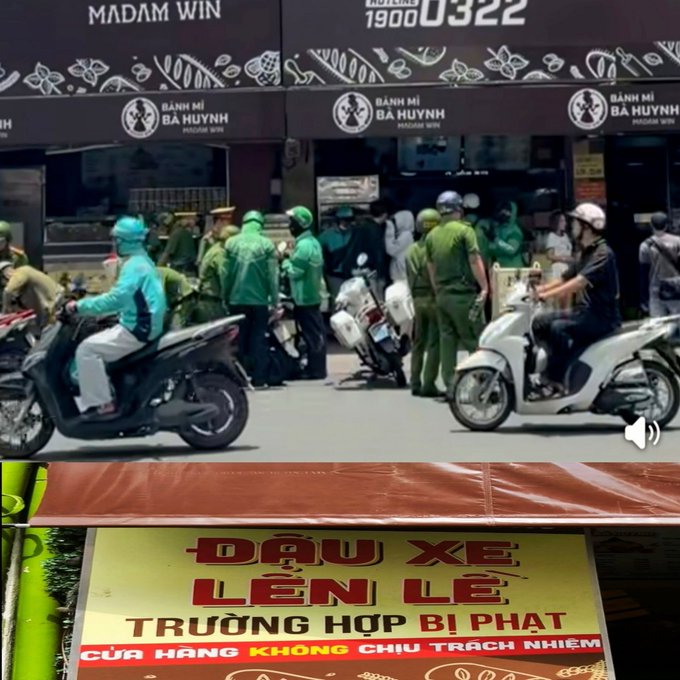 Two images: the top shows police and officials gathered outside a 'Bánh Mì Bà Huynh' (Madam Win) shop, while the bottom shows a Vietnamese sign reading 'ĐẬU XE LỀN LỀ TRƯỜNG HỢP BỊ PHẠT CỦA HÀNG KHÔNG CHỊU TRÁCH NHIỆM'.