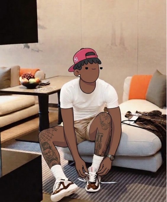 A stylized cartoon avatar with a New York Yankees cap and an "I ❤️ RD" tattoo on his thigh ties his sneakers while seated on a couch in a modern living room, echoing the post's resilient "good morning" message of post-storm strength.