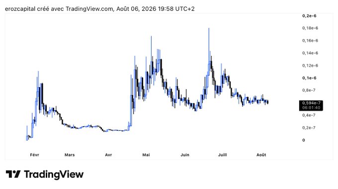 A TradingView chart titled 'erozcapital créé avec TradingView.com, Août 06, 2026 19:58 UTC+2' showing price movement with values like 0,594e-7 and percentage changes of -42.27% over a period from February to August.