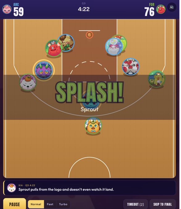 A basketball-style game screenshot showing a score of ARC 59 vs FOR 76, with a 'SPLASH!' notification for player Sprout and gameplay commentary at the bottom.