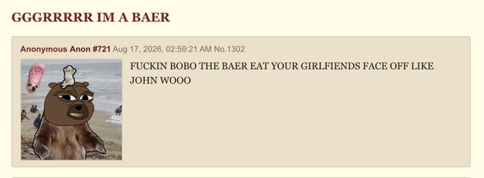 A screenshot of an anonymous forum post titled 'GGGRRRRR IM A BAER' featuring a small image of a capybara on a beach wearing a pink bunny ear, with crude text reading 'FUCKIN BOBO THE BAER EAT YOUR GIRLFRIENDS FACE OFF LIKE JOHN WOO'.