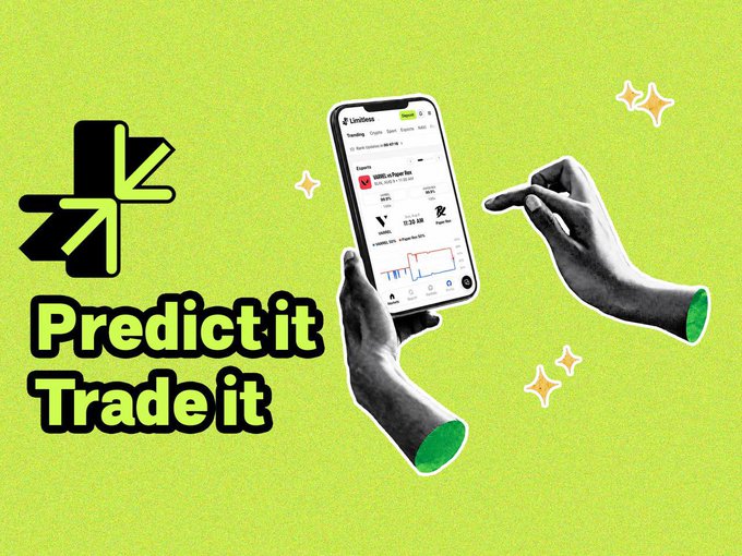 A bright green promotional graphic with the text 'Predict it Trade it' featuring illustrated hands holding a smartphone displaying a crypto trading app with Binance Coin (BNB) and Virtuals (VIRTUAL) tokens.