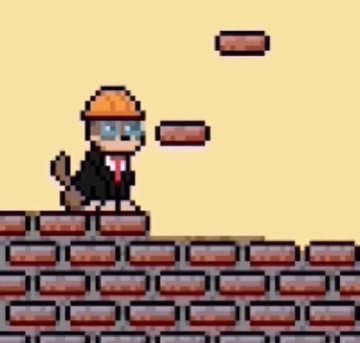 A pixel-art character wearing an orange construction hat and a suit holds a hammer while standing on a brick platform in a retro 2D platformer game. The image relates to the post's "build" theme, symbolizing construction, craftsmanship, and weekend productivity with a playful crypto/NFT community vibe.