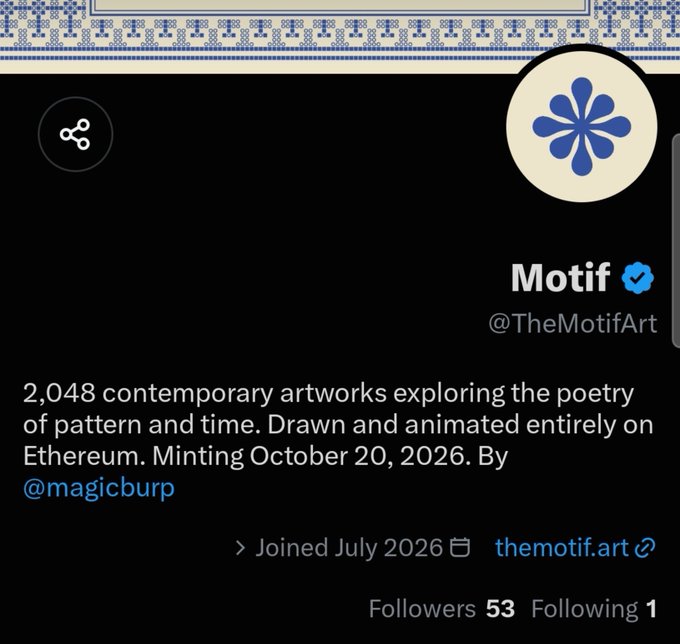 A Twitter profile for "Motif (@TheMotifArt)," a verified account joined July 2026, describing 2,048 contemporary artworks on Ethereum minting October 20, 2026 by @magicburp, with a promo link "themotif.art".