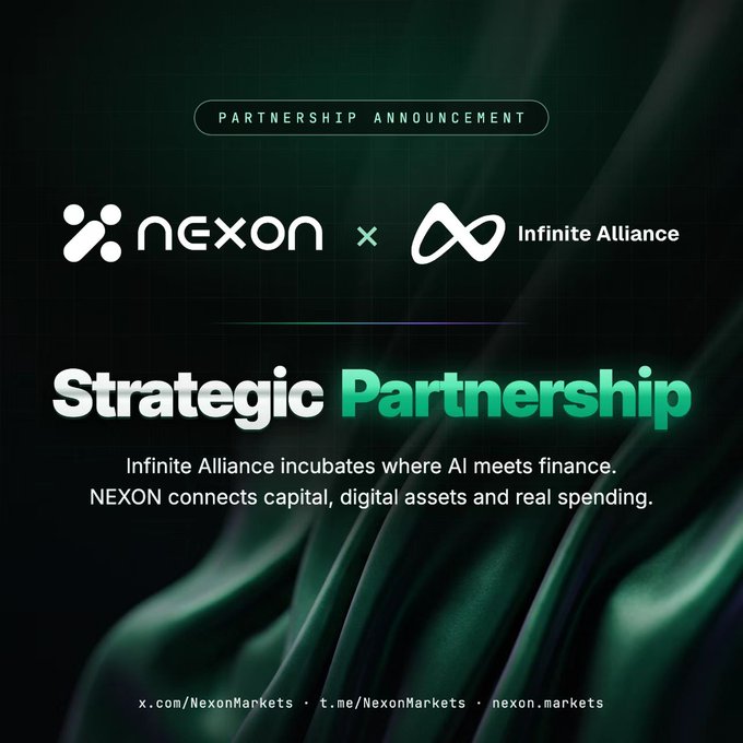 A partnership announcement graphic between 'NEXON' and 'Infinite Alliance' on a dark green background, promoting their strategic partnership where 'Infinite Alliance incubates where AI meets finance. NEXON connects capital, digital assets and real spending.'
