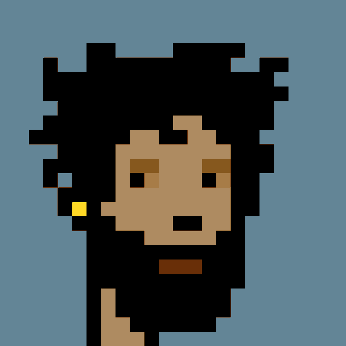 A pixel art portrait of a person with dark hair, brown eyes, and an earring against a blue background.