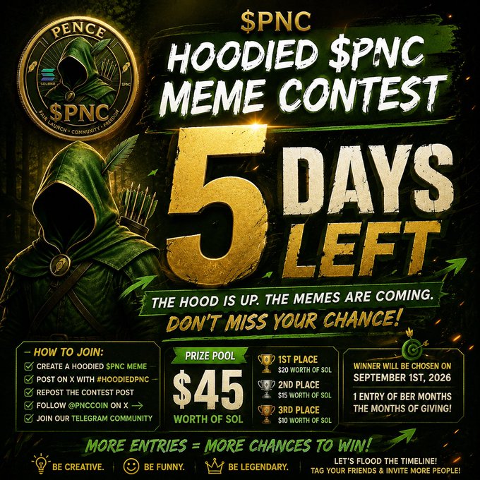 A promotional poster for the 'HOODIED $PNC MEME CONTEST' showing 5 days left, with a $45 prize pool of $OL for top 3 places and a winner announcement date of September 1st, 2026.