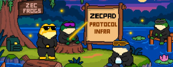 The image is a pixel-art style scene featuring four frog characters wearing sunglasses and hoodies in a swamp setting, with one holding a lightsaber pointing at a wooden sign reading "ZECPAD PROTOCOL INFRA" and a "ZEC FROGS" sign on a tree, promoting a giveaway for ZEC Frogs NFTs on the ZECPAD protocol.