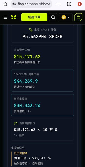 A mobile screenshot of a financial dashboard (flap.sh) showing SPACXB treasury holdings of 95.462904 tokens valued at $15,171.62, with a SPACEDOG market cap of $44,269.9 and a collateral value of $30,343.24.