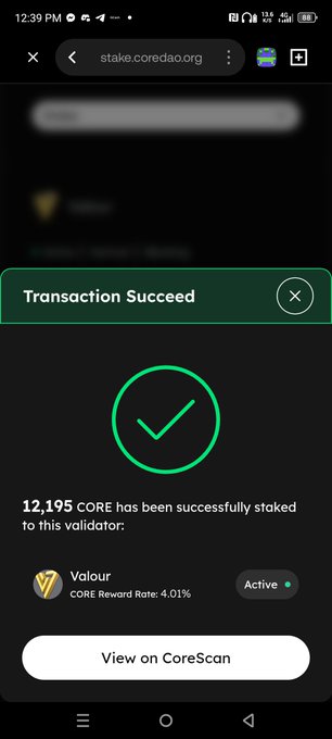 A screenshot from stake.coredao.org shows a "Transaction Succeed" confirmation that 12,195 CORE has been successfully staked to validator "Valour" (4.01% CORE Reward Rate, Active), supporting the post's call to keep staking CORE for long-term rewards.