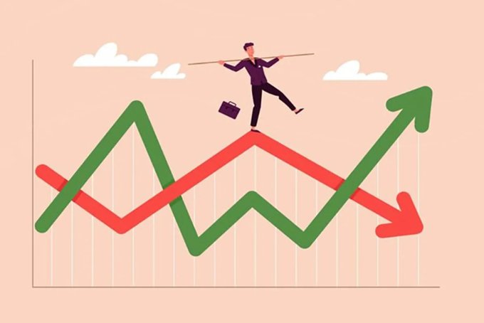 An illustration of a businessman in a suit balancing on a tightrope above a green and red line graph with upward and downward arrows, symbolizing navigating market volatility.