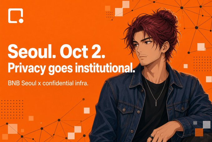 A promotional graphic featuring anime-style artwork of a man with reddish-brown hair in a denim jacket, advertising a Seoul event on October 2nd with the tagline "Privacy goes institutional" and "BNB Seoul x confidential infra."