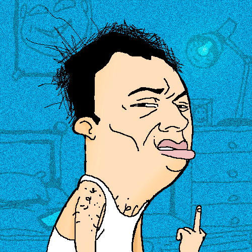 A cartoon illustration of a man with messy black hair sticking his tongue out and making a facial expression while gesturing with his hand, set against a blue background.