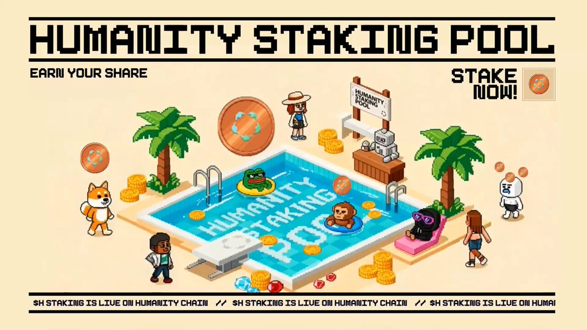 The image features a cartoon depiction of a swimming pool with various characters such as humans, dogs, and other animals enjoying themselves in the water. The text "HUMANITY STAKING POT" is written above the pool scene, indicating that this is an advertisement for a game or activity involving stake-taking. The post also mentions that there are two pools involved, one of which has been staked by humans and another by dogs.