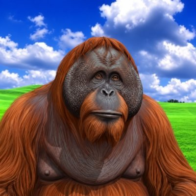 A digital illustration of an orange orangutan with a distinctive facial disc sitting in a grassy field under a blue sky with clouds.