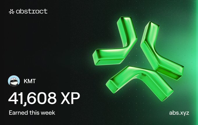 A dashboard screen from 'abstract' showing '41,608 XP Earned this week' for user KMT, featuring a large green 3D abstract logo.