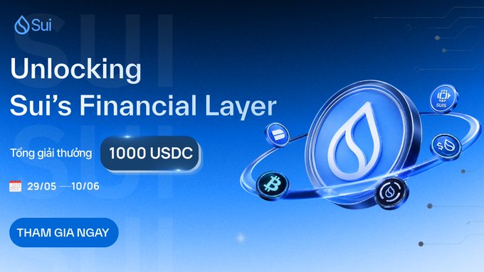 The image features a blue background with white text that reads "Unlocking Sui's Financial Layer Sui is no longer just a Layer 1 blockchain. Sui is steadily building the on-chain financial infrastructure for the next generation. And it'S time for Sui Vietnam to summon those 'influential writers,' those 'creative minds' of the ecosystem". The image also includes several coins and logos, including a blue coin with a white "U" in the center surrounded by other coins.