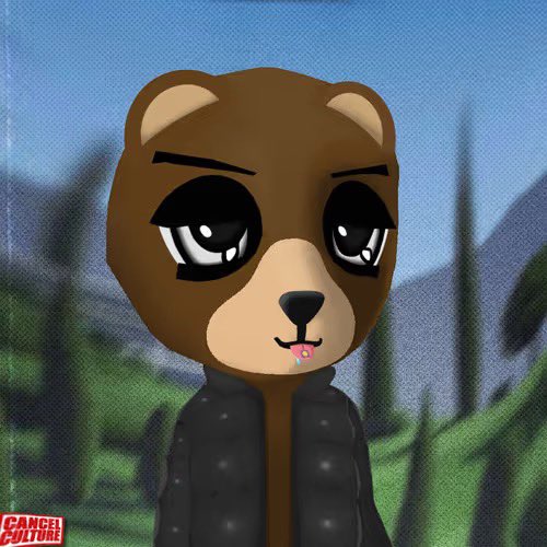 A cartoon-style illustration of a brown bear character with large sad eyes and a small smile, wearing a black puffer jacket, with a 'CANCEL CULTURE' logo in the bottom left corner.