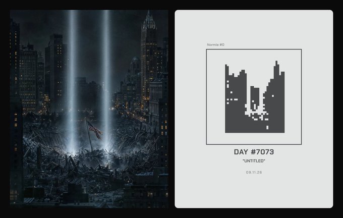 A split-screen graphic: on the left, a dark image of a destroyed cityscape with light beams and a flag, and on the right, a pixelated artwork with the text "Normie #0", "DAY #7073", "UNTITLED", and "09.11.28".