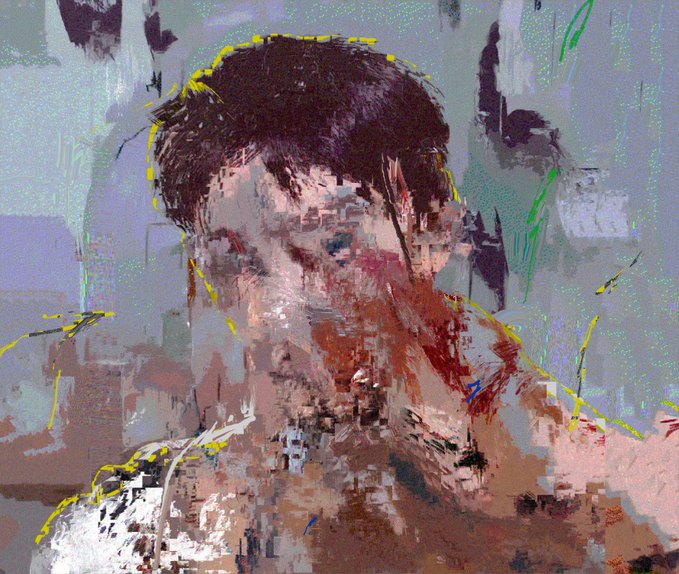 An abstract, glitch-style digital painting of a man with dark hair, featuring fragmented brushstrokes in pink, blue, and purple tones with yellow outline accents.