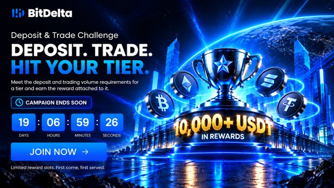 A BitDelta promotional banner for a 'Deposit & Trade Challenge' offering 10,000+ USDT in rewards, featuring cryptocurrency icons and a countdown timer.