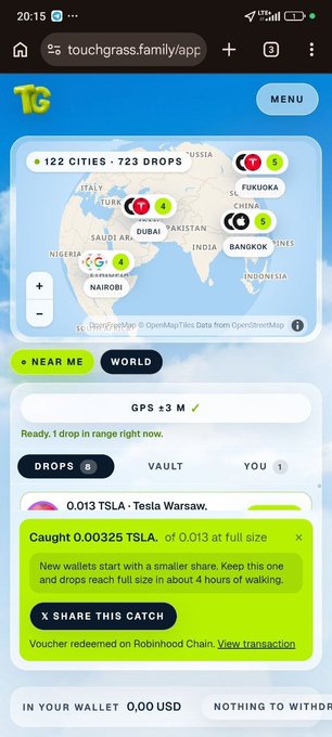 The image shows a screenshot of the "Touch Grass" app displaying a world map with city drops, including a "Caught 0.00325 TSLA" notification and a voucher redeemed on Robinhood Chain for 0.013 TSLA (Tesla Warsaw).

The screenshot visually confirms the post's narrative, showing the successful "catch" of a TSLA token slice via GPS-located drop on the Touch Grass app, with the voucher already redeemed and visible in the user's vault.