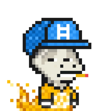 A pixel art illustration of a character wearing a blue cap with the letter 'H', smoking a cigarette, and wearing an orange shirt.