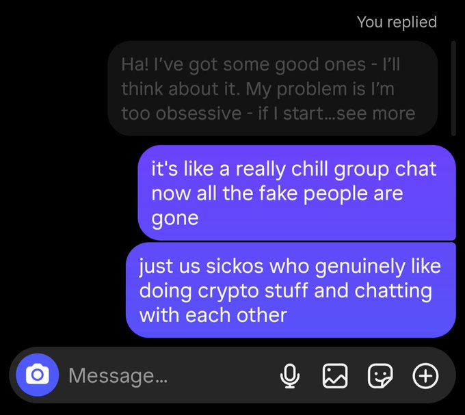 The image shows a text message conversation between two people, with one person typing out their thoughts about a recent event or situation. The other person responds by saying that they feel like they're going through a cold group chat where fake people are pretending to be real. They both seem to be discussing the issue of fake profiles and how it affects them.