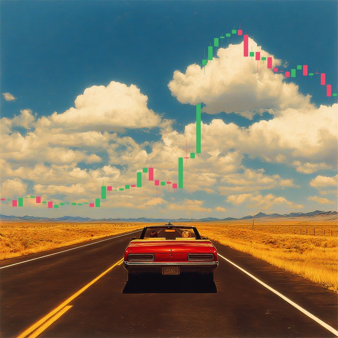 A retro-style image of a red convertible car driving on a desert highway, overlaid with a green and red stock candlestick chart trending upward through the cloudy sky.