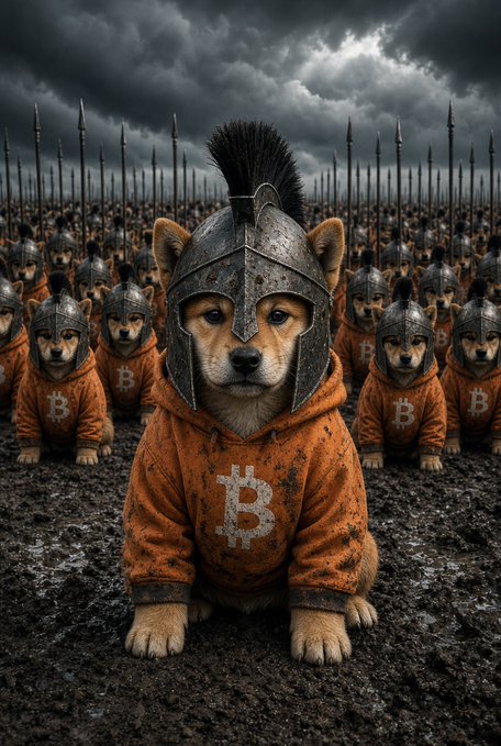 A surreal digital artwork depicting a Shiba Inu dog wearing a Spartan helmet and a mud-stained orange Bitcoin hoodie. The dog sits in the foreground of a muddy battlefield with an army of similarly armored Shiba Inu warriors holding spears behind it.