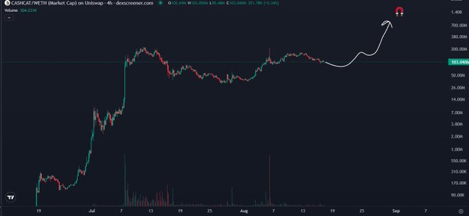 A 4-hour candlestick chart of $CASHCAT/WETH on Uniswap shows a market cap climbing past $204.22M, with a hand-drawn arrow and rocket emoji projecting a continued rally toward the $1B+ range from the current $551.04M level. The upside annotation visually reinforces the post's claim that the meme token will "print higher," countering the PTSD narrative around $CT.