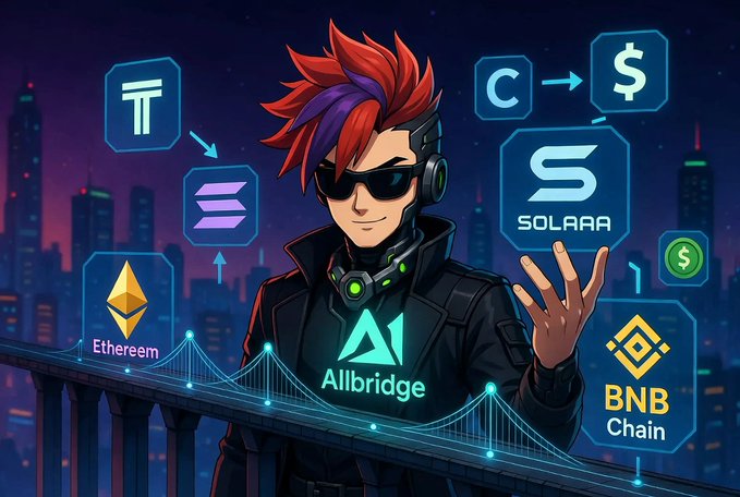 A red-haired, cyber-styled character wearing sunglasses and "Allbridge" branded gear stands against a neon cityscape, surrounded by floating icons of various blockchains and tokens including Ethereum (Ethereum), Solana (SOLAAA), BNB Chain, USDC, and Tron (T), visually reinforcing the post's message about Allbridge's enhanced cross-chain bridging capabilities and liquidity integration.