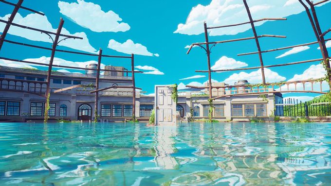 The image shows a large body of water with buildings floating above it, creating an impressionistic scene that appears to be from a cartoon or anime style. The sky has clouds, adding depth and atmosphere to the scene. The caption "as we walk through the valley of ct may motion and usdc continue chase us till eternity" suggests that the image is part of a larger story or narrative, possibly set in an alternate universe where characters are constantly on the move.