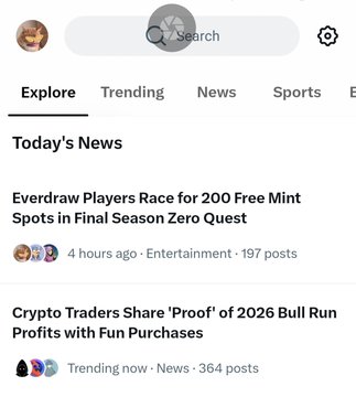 A mobile app screen showing 'Today's News' including headlines 'Everdraw Players Race for 200 Free Mint Spots in Final Season Zero Quest' and 'Crypto Traders Share 'Proof' of 2026 Bull Run Profits with Fun Purchases'.