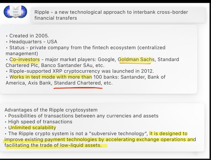 A slide titled "Ripple – a new technological approach to interbank cross-border financial transfers" highlighting Ripple's founding in 2005, major co-investors like Google and Goldman Sachs, the 2012 launch of XRP cryptocurrency, and its test-mode operations with over 100 banks including Santander and Standard Chartered. The image reinforces the post's claim by showing that Ripple is indeed in "test mode" with major global banks like Santander, Bank of America, and Standard Chartered, awaiting regulatory clarity before transitioning to live transactions.