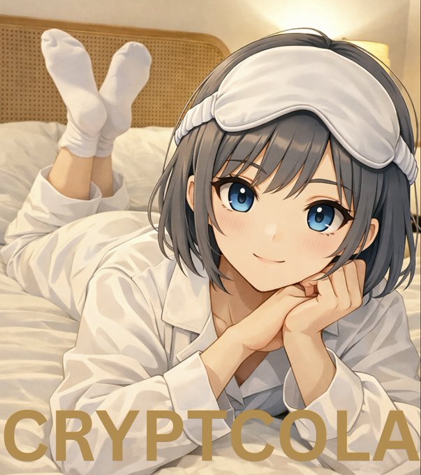 Anime-style girl in pajamas lying on a bed with a sleep mask and white socks, with the text "CRYPTOCOLA" at the bottom. The cozy, restful imagery plays on the "Good Night, GN" greeting, creating a soft, relaxing vibe before the serious message about AI agents needing financial identity and credit infrastructure from @agenticscredit.