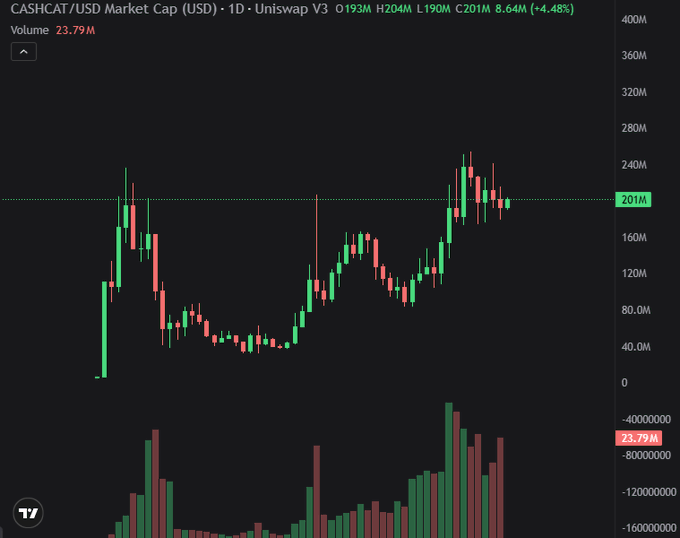 A daily candlestick chart of CASHCAT/USD on Uniswap V3 shows the token's market cap climbing from around 50M to a peak near 240M, now sitting at approximately 201M on 23.79M volume (+4.48%). The chart visually backs up the post's claim of a breakout from a ~50M market cap base, with recent price action pressing against the highlighted 201M resistance level in a clear uptrend.