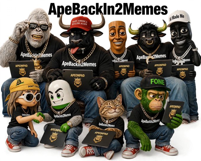 A group of various animal and character figurines wearing 'ApeBackIn2Memes' shirts and holding 'APEONPAD' tablets are arranged together under the title 'ApeBackIn2Memes'.