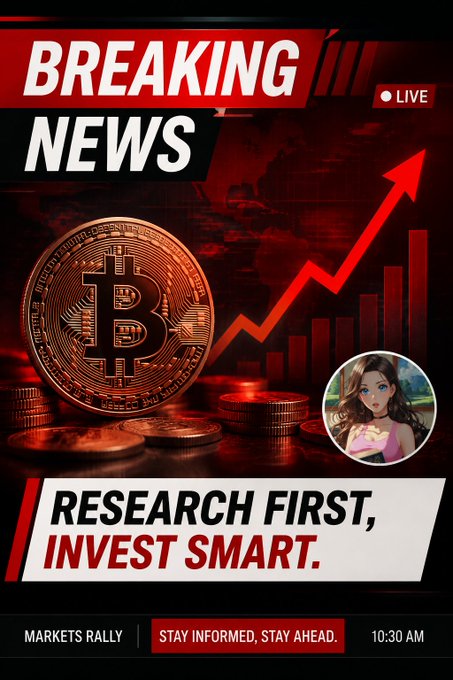 A breaking news-style graphic displays "BREAKING NEWS," "RESEARCH FIRST, INVEST SMART," and "MARKETS RALLY | STAY INFORMED, STAY AHEAD" alongside a Bitcoin coin, an upward trending chart, and a small avatar, emphasizing the importance of due diligence before crypto investing—just as the post advises checking reviews and legitimacy before committing to a project.